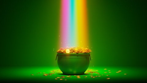 The magical rainbow that leads to the pot of gold. Irish symbol of luck, success and wealth. A green cauldron is full of golden coins. Leprechaun's treasure on a green background. St Patrick day. Rich