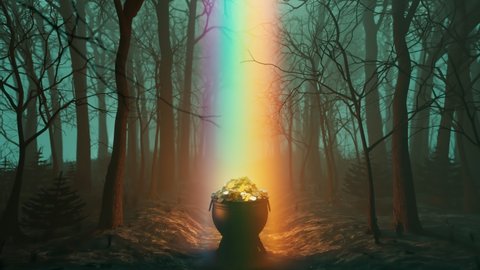 The magic pot of gold at the end of the rainbow. An iron cauldron is full of golden coins. Leprechaun's treasure in the dark forest. St Patrick day. Irish symbol of luck, success and wealth. Rich