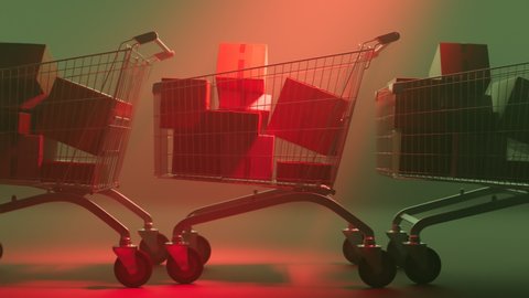 Animation of the line of carts full of packages. Concept of international shopping and shipping. Online shop, purchase retail, business. Buy. Door to door delivery. Sale and promotion at a supermarket