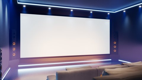 Beautiful home theatre. Modern cinema at the house. Multimedia room with stereo surrounds system. Large entertainment room with a huge tv and comfortable sofas. Technology. Watch a movie on big screen