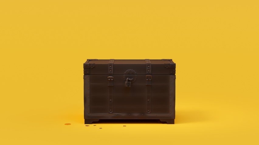 The old wood chest is opening and exploding of the fountain of golden coins. A wooden box filled with treasures on the yellow background. Animation of the precious trunk full of gold and jewellery. Royalty-Free Stock Footage #1066661266
