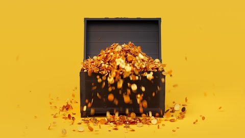 The old wood chest is opening and exploding of the fountain of golden coins. A wooden box filled with treasures on the yellow background. Animation of the precious trunk full of gold and jewellery.