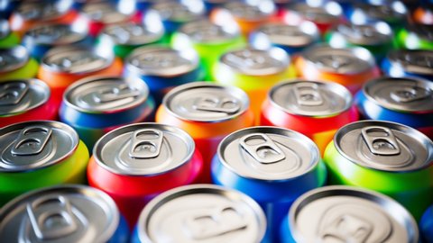 Seamless looping animation of assorted soda cans. Set of many drinks in aluminium cans for a fast-food restaurant, grocery stores, bars. Endless amount of beverages. Close up.