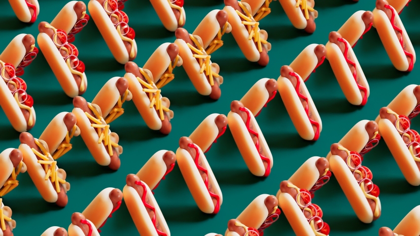 Seamless looping animation of hot dogs. Tasty fast food sandwiches in rows are marching and moving together in one direction. Assorted colourful hot dogs on a green background. Funny food animation Royalty-Free Stock Footage #1066661332