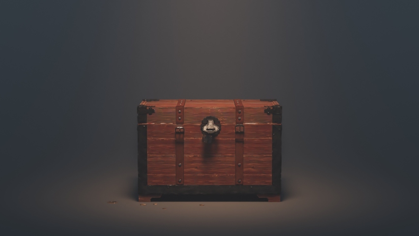 The old wood chest is opening and exploding of the fountain of golden coins. A wooden box filled with treasures on the dark background. Animation of the precious trunk full of gold and jewellery. Royalty-Free Stock Footage #1066661362