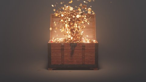 The old wood chest is opening and exploding of the fountain of golden coins. A wooden box filled with treasures on the dark background. Animation of the precious trunk full of gold and jewellery.