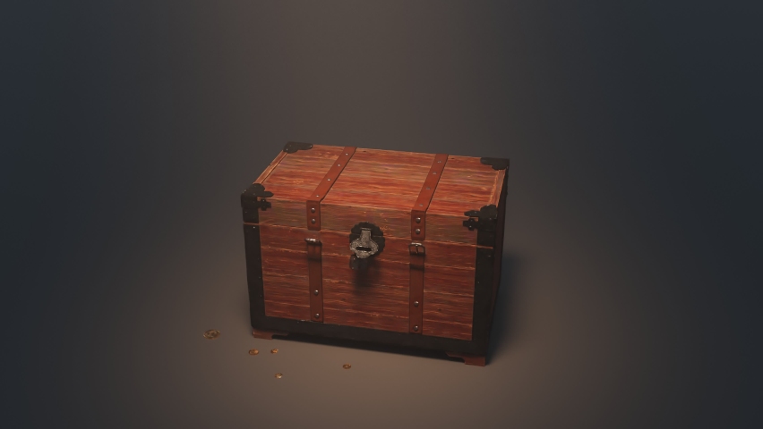 The old wood chest is opening and exploding of the fountain of golden coins. A wooden box filled with treasures on the dark background. Animation of the precious trunk full of gold and jewellery. Royalty-Free Stock Footage #1066661365