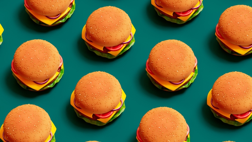 Seamless looping animation of cheeseburgers. Tasty fast food sandwiches in rows are jumping and moving together in one direction.Assorted colourful burgers on a green background.Funny food animation Royalty-Free Stock Footage #1066661455