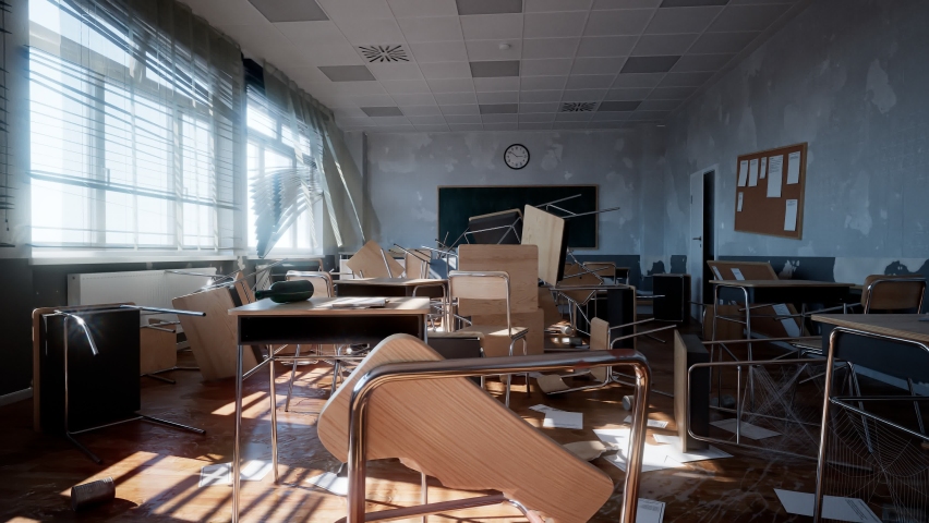 Demolished classroom with overturned desks and chairs. Damaged teaching class. Sheats of paper, bottles and cans scattered in disorder. Concept of abounded school. An atmosphere of danger. Destruction | Shutterstock HD Video #1066661521
