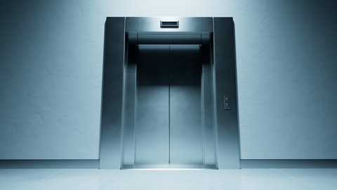 Elegant elevator door made out of fine, brushed steel opens. The camera slowly moving towards it and entering the door, revealing a deep, dark, empty elevator shaft. Risky movement. Health hazard.