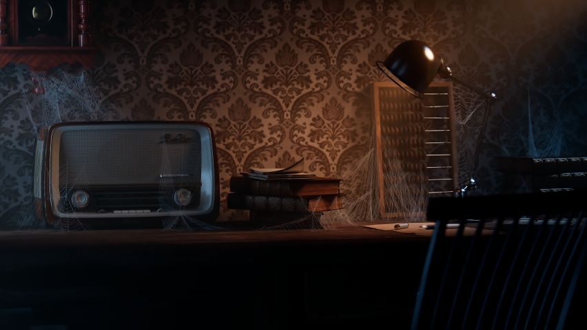 Old room with vintage wooden desk and chair. Dark interior with warm light. Cobwebs coated old-fashioned radio, books and abacus. Paper and pen on a table lightened by a lamp. Atmosphere of mystery. Royalty-Free Stock Footage #1066662910
