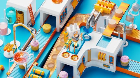 Colourful funny animation of cupcakes preparation. Concept of the bakery production process. Food industry. Sweet muffins at the conveyor belt transported to the next machines. Pastries factory. Candy
