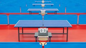 Table tennis arena. Tracking view of ping pong tables ready to play. The table layout for a sports club. Tables with scoreboards. Just before the competition. Seamless looping animation. Side view. - Powered by Shutterstock - Get 15% off with code: PIKWIZARD15