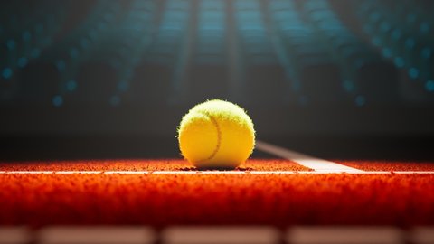 Animation of a tennis ball bouncing on the orange court. Slow-motion of a spotlighted ball hitting next to the sideline. The bumping ball while playing. Dark background. A defining moment of a match.