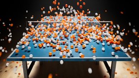 Animation of a huge amount of ping pong balls falling down on a table and floor. A lot of white and orange tennis table balls making a mess. Brightly focused indoor light. Dark background. 3D Render - Powered by Shutterstock - Get 15% off with code: PIKWIZARD15