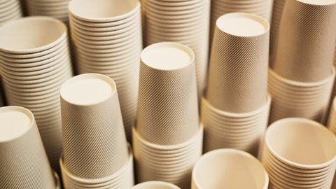 Seamless looping animation of assorted disposable cups for coffee, tea, hot chocolate or any other beverage. Stacks of paper cups. Set of many cups for a fast-food restaurant, coffee shop, cafe.