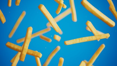 Animation of just fried french fries falling down. Blue background. Slow motion shot. Preparation of fries in the kitchen of restaurant or fast food bar. Potato chips. Tasty snack. Junk food. 4k HD