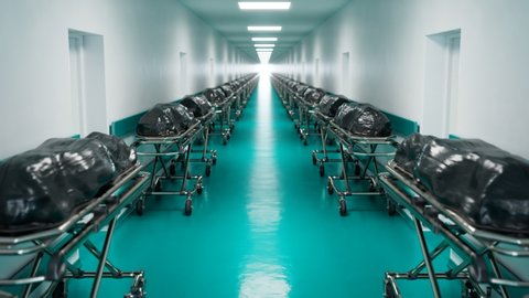 Concept of pandemic healthcare crisis.The enormous amount of deads. Camera moving along the empty hospital lobby going past infinitive lines of beds with corps in black body bags. COVID victims.