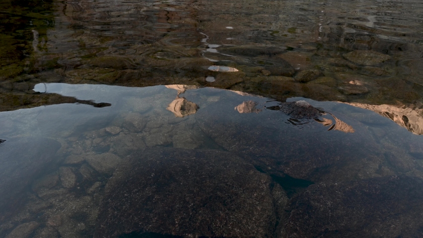Mountain peaks reflect off the alpine lake water. Shallow shore nestled with rocks. Rocky Mountain National Park, Colorado, USA. 