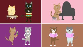 Animation videos of cats' concerts. Cats enjoy playing musical instruments and singing songs.