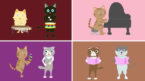 Animation videos of cats' concerts. Cats enjoy playing musical instruments and singing songs.
