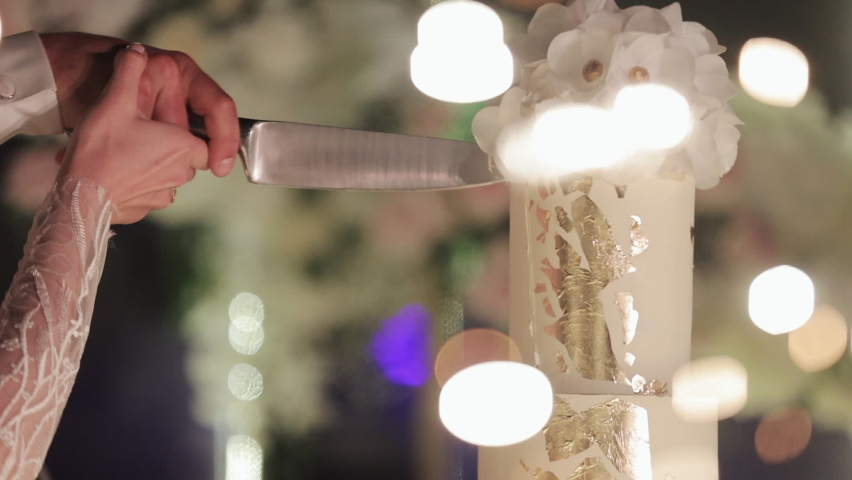 The bride and groom cut the wedding cake. Wedding cake with sparklers. Detail of wedding cake cutting by newlyweds. Cut the wedding cake. Royalty-Free Stock Footage #1066668091
