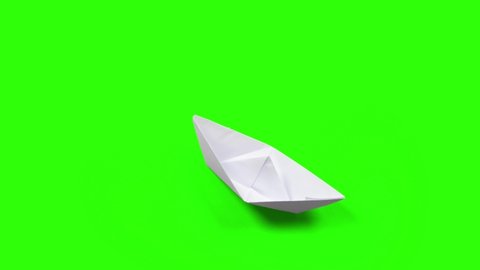 Animation of a paper that folds into a paper boat, then leaves the screen sailing. The paper boat enters the frame unfolds remaining as a blank sheet. Seamless loop. Transparent background.