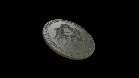 1 oz American silver eagle coin flip animation. 4k 3d video with its alpha channel for any editing and composition usage.