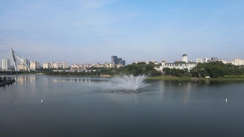Aerial View of Lake, Garden and Bridge in Putrajaya