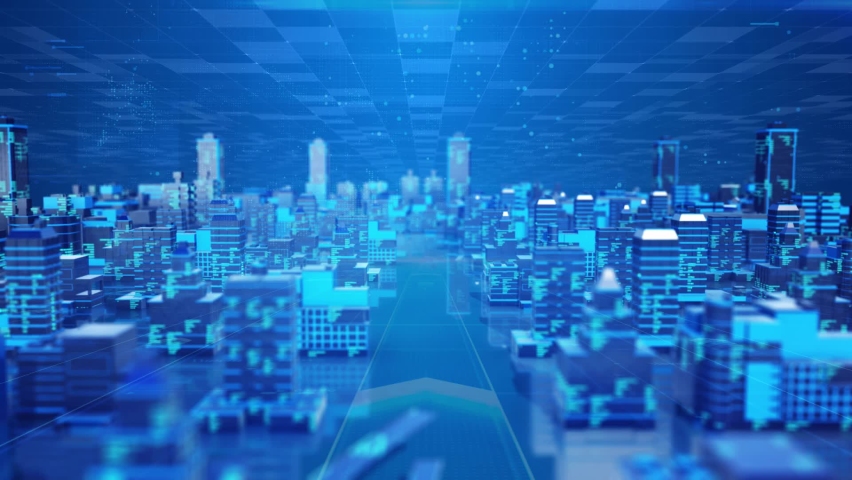 Blue technology big data building, futuristic technology city shuttle, high tech grid digital particles background. | Shutterstock HD Video #1066674706