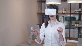 New generation women in virtual reality headset simulate business working at home office