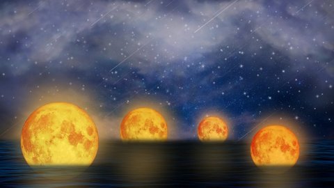 moons floating on the ocean, the digital art style, night fantasy, loop animation background.
