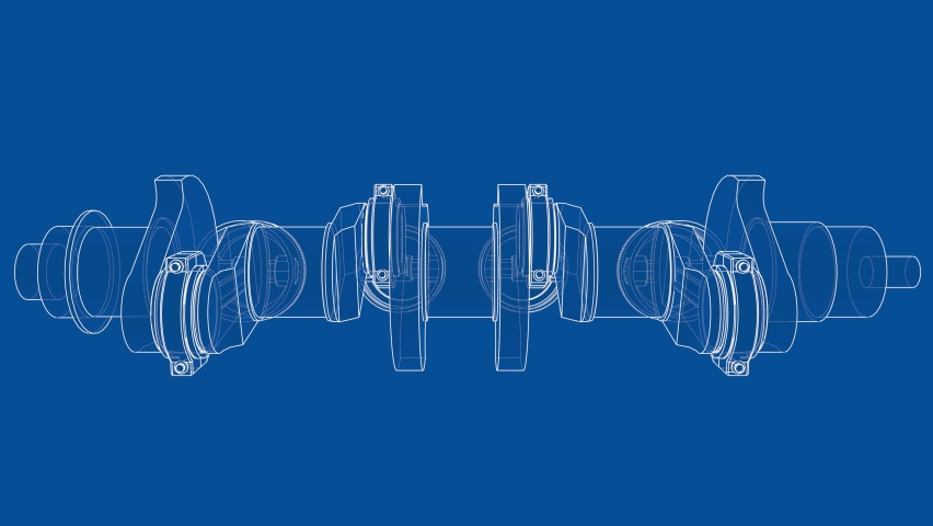 Animation of crankshaft and four pistons. Wire-frame or blueprint style. Seamless looped 4k video