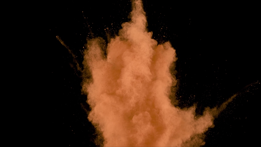 calming sandy brown impact powder explosion on black background. Super Slow motion movement with acceleration in the beginning4k   , Color isolated , Real Burst multicolored dust colorful backdrop
