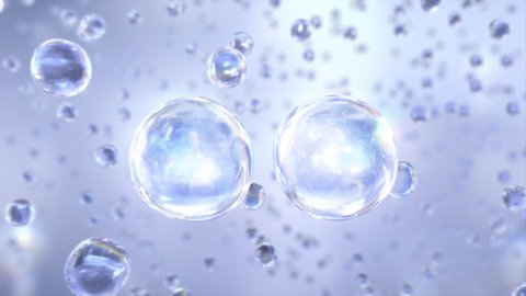 Cosmetic essential bubbles in water rising up on light blue background. Super slow motion Beauty glossy Moisturizing bubble blobs or drops 3D animation design