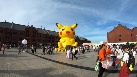 YOKOHAMA, JAPAN - August 6th, 2019: Giant Pikachu at the Pikachu Outbreak! and Pokemon Go Fest event in Yokohama. Pikachu is a fictional creature from Pokemon, a popular video game series.