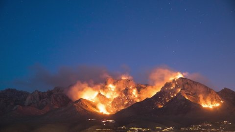 Night Timelapse of Massive Wildfire and Moonrise Above Urban City Area of Tucson Arizona USA. Out of Control Fire on Santa Catalina Mountains