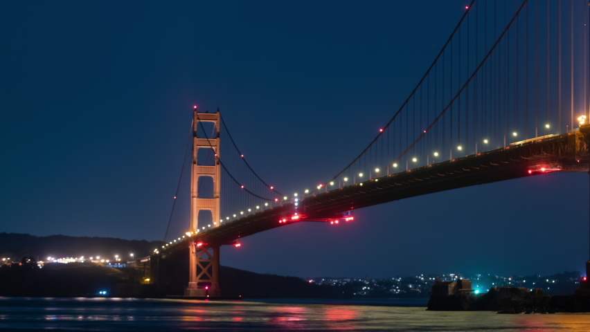San Francisco Golden Gate Bridge from Moore Rd Pier Night Time Lapse Pan R California USA