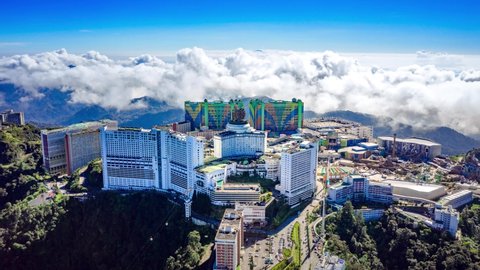 Genting Highlands, Malaysia - July 2020: Aerial hyperlapse of Genting Highlands, a highland resort famous for it's casinos and shopping malls