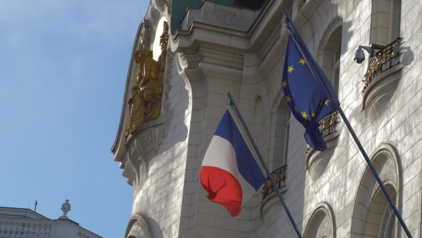 French and European Union flag in front of French embassy Royalty-Free Stock Footage #1066698337