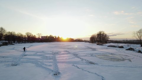 frozen lake, beautiful nature, sunset in winter