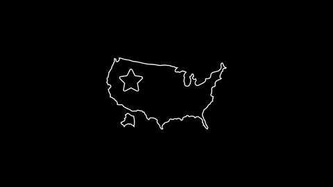 White line USA map icon isolated on black background. Map of the United States of America. 4K Video motion graphic animation.
