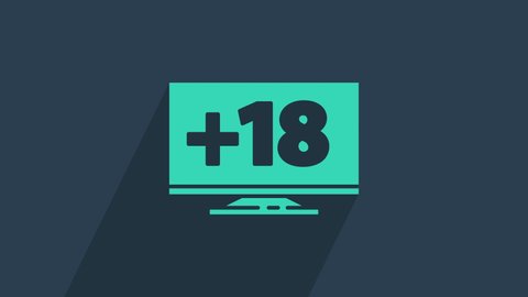 Turquoise Computer monitor with 18 plus content icon isolated on blue background. Age restriction symbol.  Adult channel. 4K Video motion graphic animation.