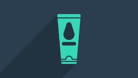 Turquoise Personal lubricant icon isolated on blue background. Lubricating gel. Tube with package box. 4K Video motion graphic animation.