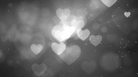 Abstract Magic White hearts flying with glow bokeh reflection Light background Loop animation. Wedding Anniversary Greeting Cards, Wedding Invitation or Birthday Love.
