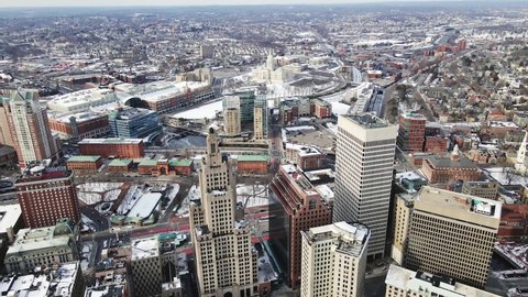 
Cinematic panoramic high altitude wrap around downtown Providence skyscrapers