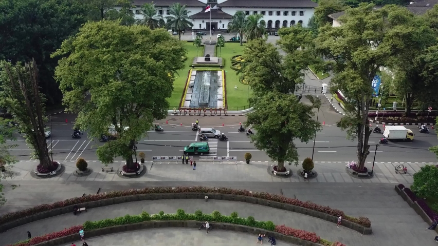 Aerial View of Bandung city with Gedung Sate an Old Historical European Dutch Colonial Governor Building in Bandung, Icon of West Java, Indonesia, Asia.