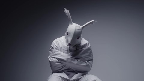 Mad man wearing rabbit mask in a white room. Mental disorder, psychosis concept. Schizophrenia and depression symbol. Masked, crazy person wearing straitjacket in a mental hospital.