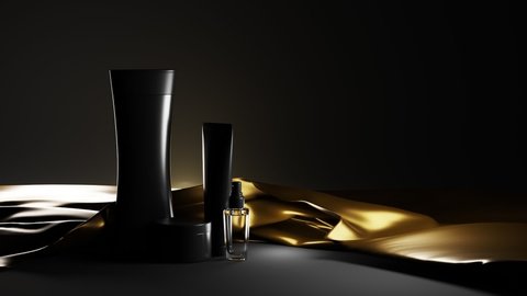 Men's cosmetics collection on dark background. Premium series of black plastic bottles, jars on gold silk fabric, shiny glass spray, perfume, beard oil, tube of cream, shampoo, 3d mock up packaging.