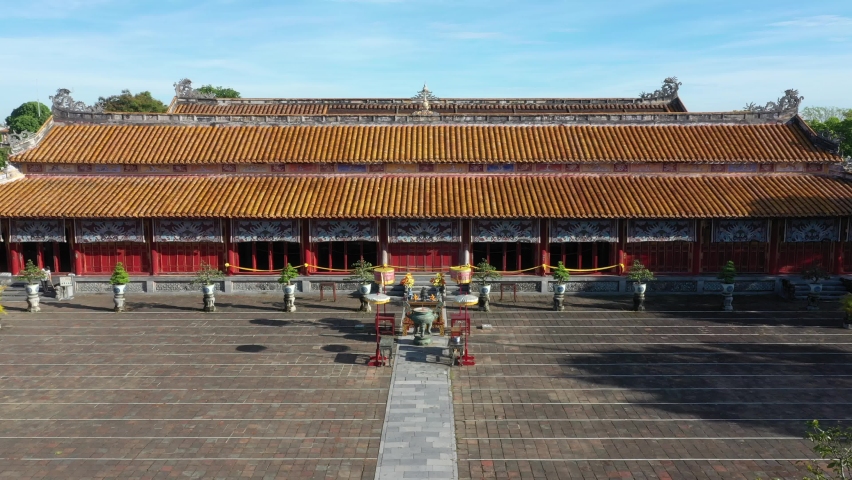 Aerial view of the Hue Citadel in Vietnam. Imperial Palace moat ,Emperor palace complex, Hue city, Vietnam. Travel and landscape concept